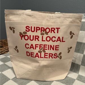 Beige Canvas Tote with Red Text and Coffee Bean Design